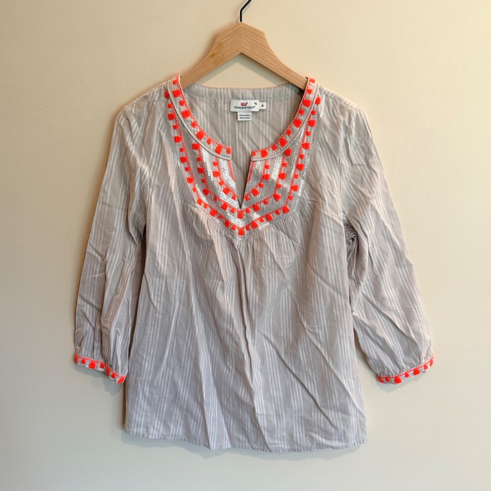 Vineyard Vines Boho Tunic Top Medium Grey White Stripe Neon Orange Tassel Sequin